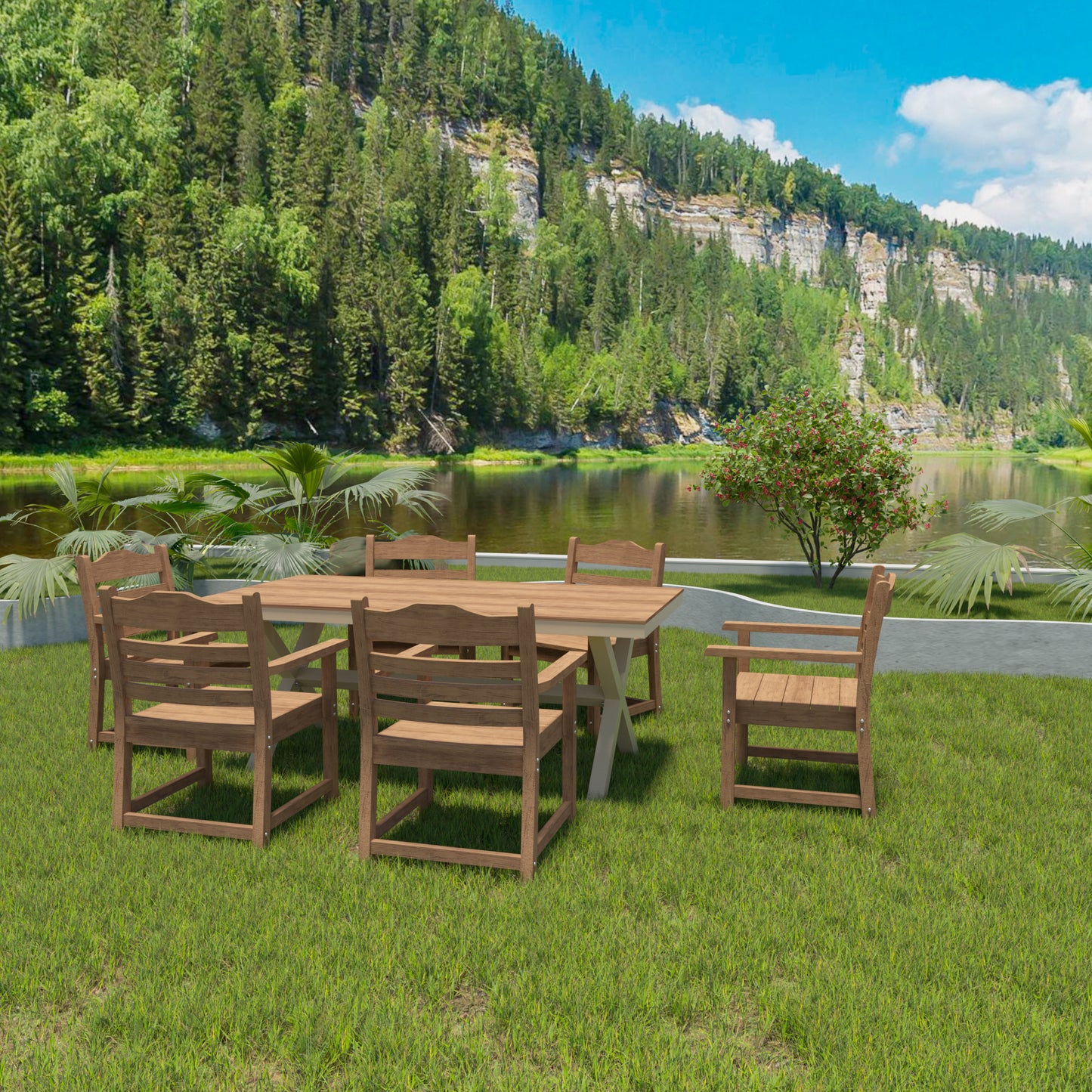 Patio Dining Chair With Armset Set Of 2,  HIPS Materialwith  Wood Grain Wexture Chair For Deck Pool Backyard, Teak