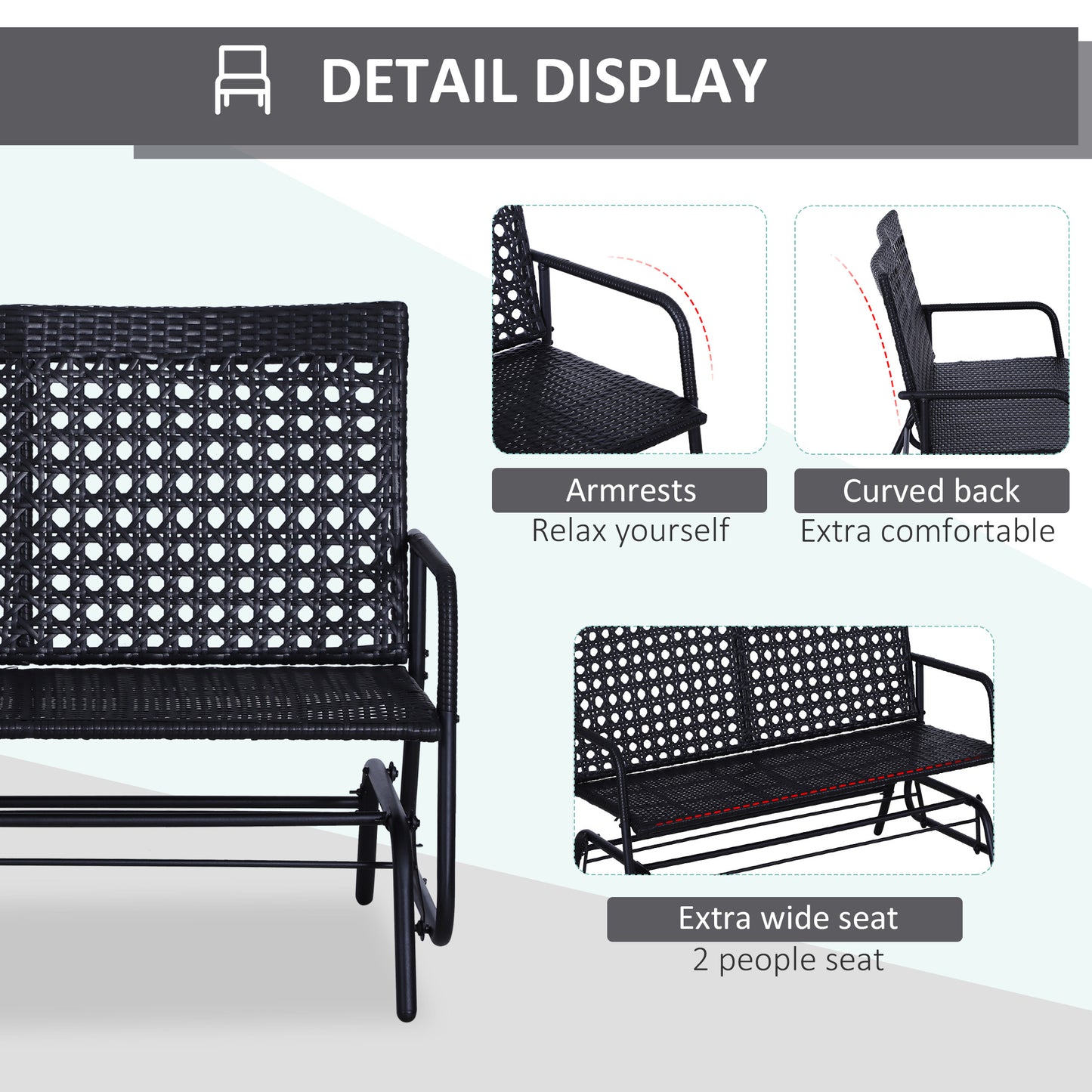 Patio 2-Person Wicker Glider Bench Rocking Chair, Outdoor All-Hand Woven PE Rattan Loveseat W/ Ergonomic Design Rocking System For Patio, Garden, Porch, Lawn, Black