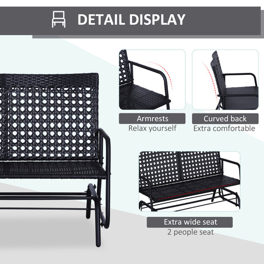 Patio 2-Person Wicker Glider Bench Rocking Chair, Outdoor All-Hand Woven PE Rattan Loveseat W/ Ergonomic Design Rocking System For Patio, Garden, Porch, Lawn, Black