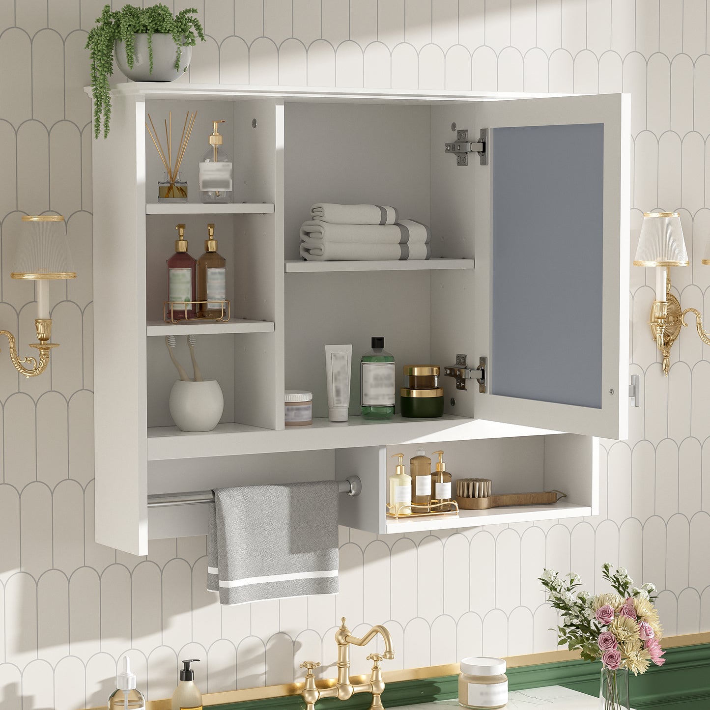 35 Inch Wall-Mount 2-in-1 Mirror Cabinet With Adjustable Shelves, Soft-Closing Hinges, Open Shelves, For Bathroom Vanity, Living Room, Bedroom Storage Organizer