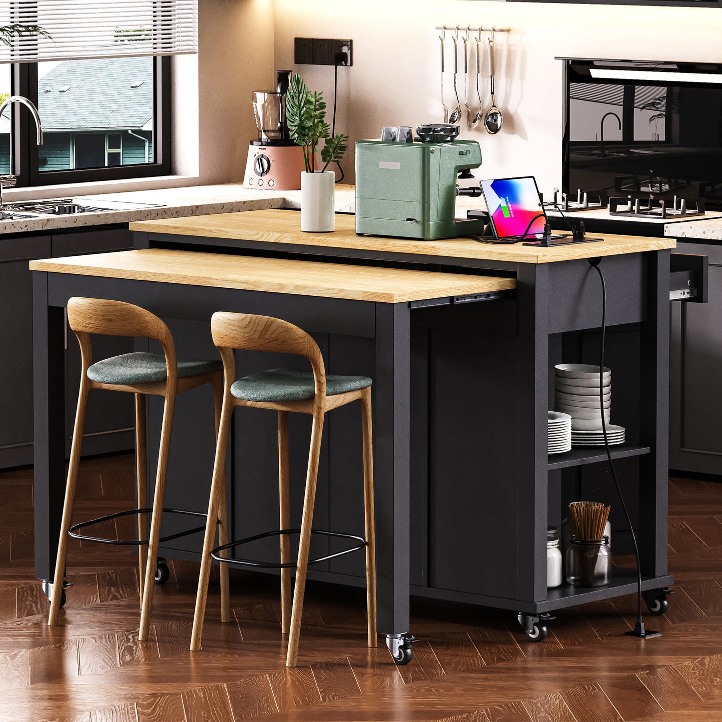 K&K 47 Inch Kitchen Island With Extendable Dining Table, Rubber Wood Veneer Kitchen Table With Internal Storage Rack, Power Outlet, Kitchen Island With Storage 2 Drawers 2 Cabinet, Black
