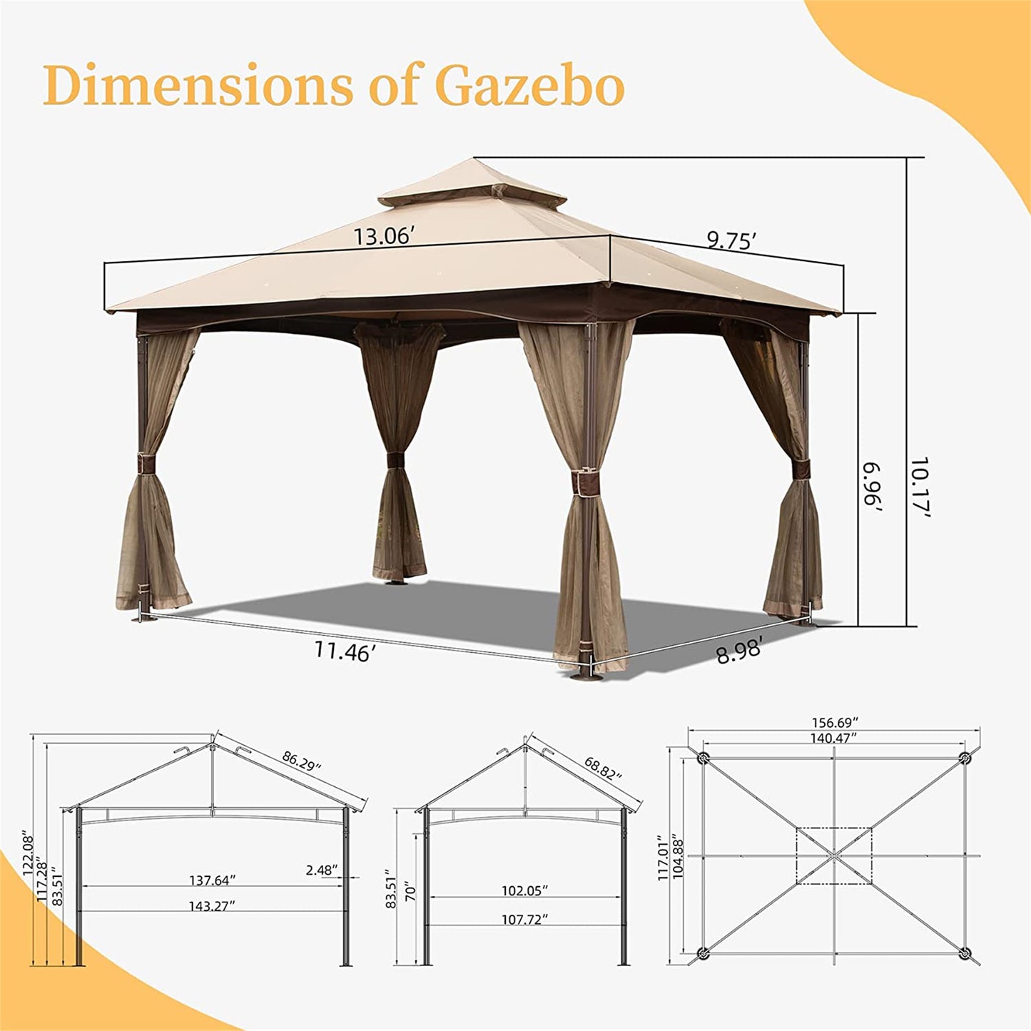 10 X13  Gazebo, Outdoor Gazebo With Mosquito Netting, Metal Frame Double Roof Soft Top Patio Gazebo Canopy Tent For Deck  Garden Lawns  Khaki