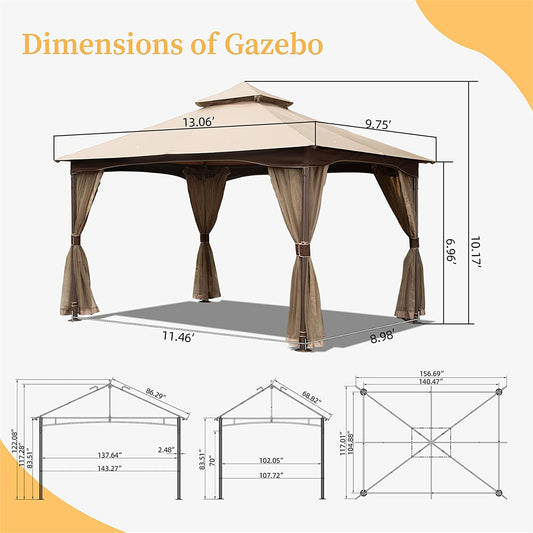 10 X13  Gazebo, Outdoor Gazebo With Mosquito Netting, Metal Frame Double Roof Soft Top Patio Gazebo Canopy Tent For Deck  Garden Lawns  Khaki
