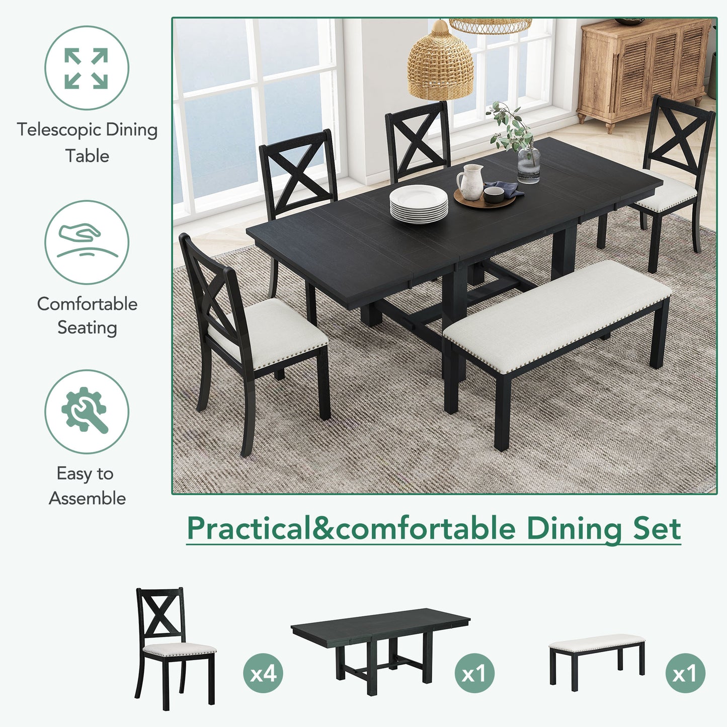 TOPMAx Farmhouse 82inch 6- Piece Extendable Dining Table With Footrest  4 Upholstered Dining Chairs And Dining Bench  Two 11 Removable Leaf  Black Beige Cushion