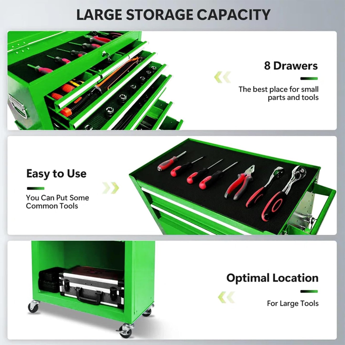 8-Drawer Rolling Tool Chest - 2-in-1 Lockable Tool Box With Wheels, Sliding Drawers & Detachable Top - Garage & Workshop Storage Cabinet, Green