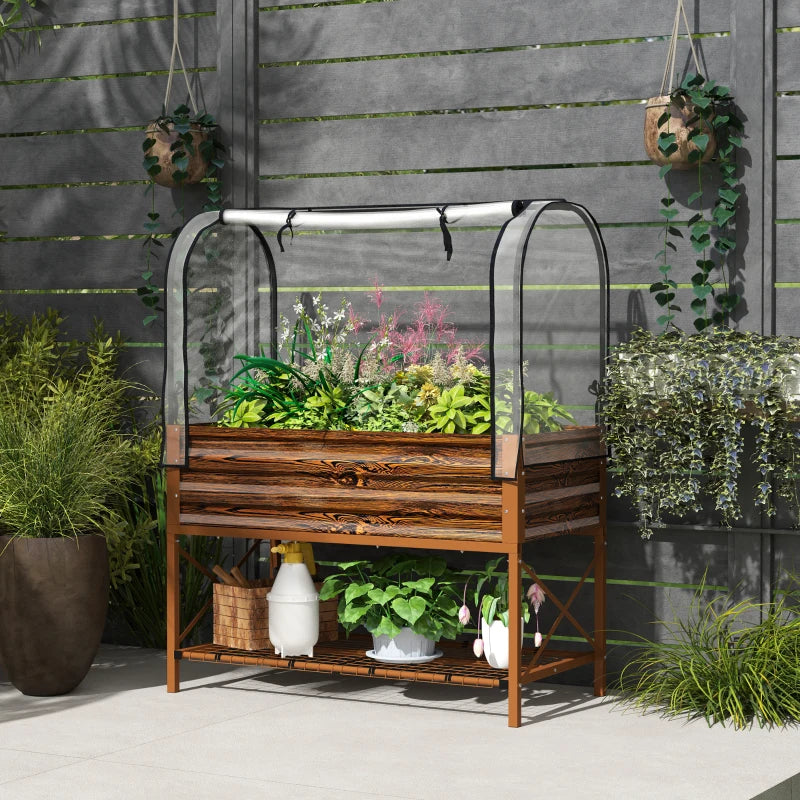 Raised Garden Bed With Legs And Cover, Metal Elevated Planter Box With Bottom Shelf And Liner For Vegetables, Brown