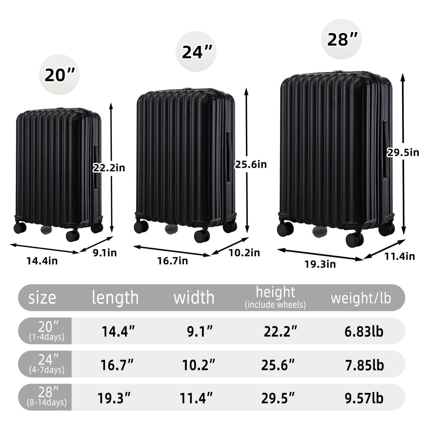20  24  28  3 Pcs Set In ABS Spinner Wheel Luggage, Carry On Suitcase, With Cup Holder & USB Port & Phone Holder  Black