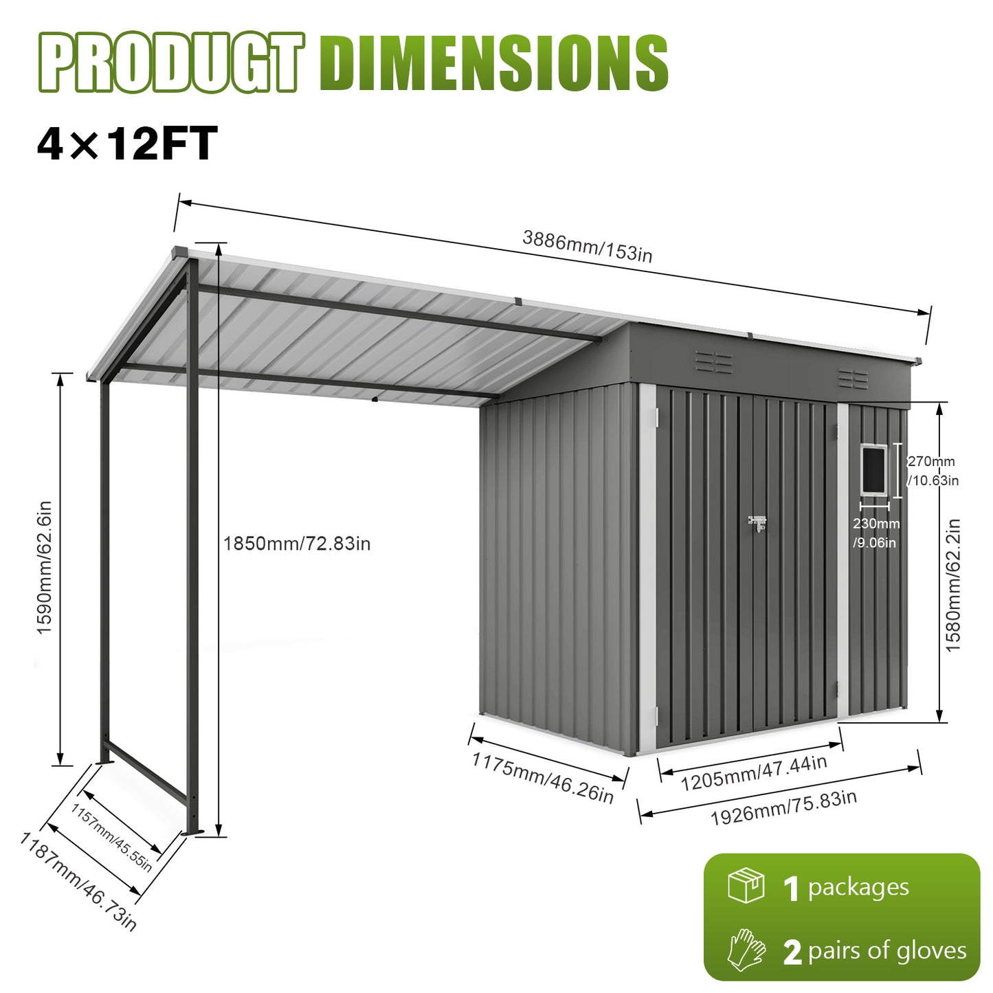 12x4ft Metal Lean To Shed With Open-Sided Pergola , 4'x6' Outdoor Storage Shed & 6'x4' Attached Hardtop Gazebo Combo, 2-in-1 Sheds & Outdoor Storage Tool Shed For Patio, Backyard,Garden