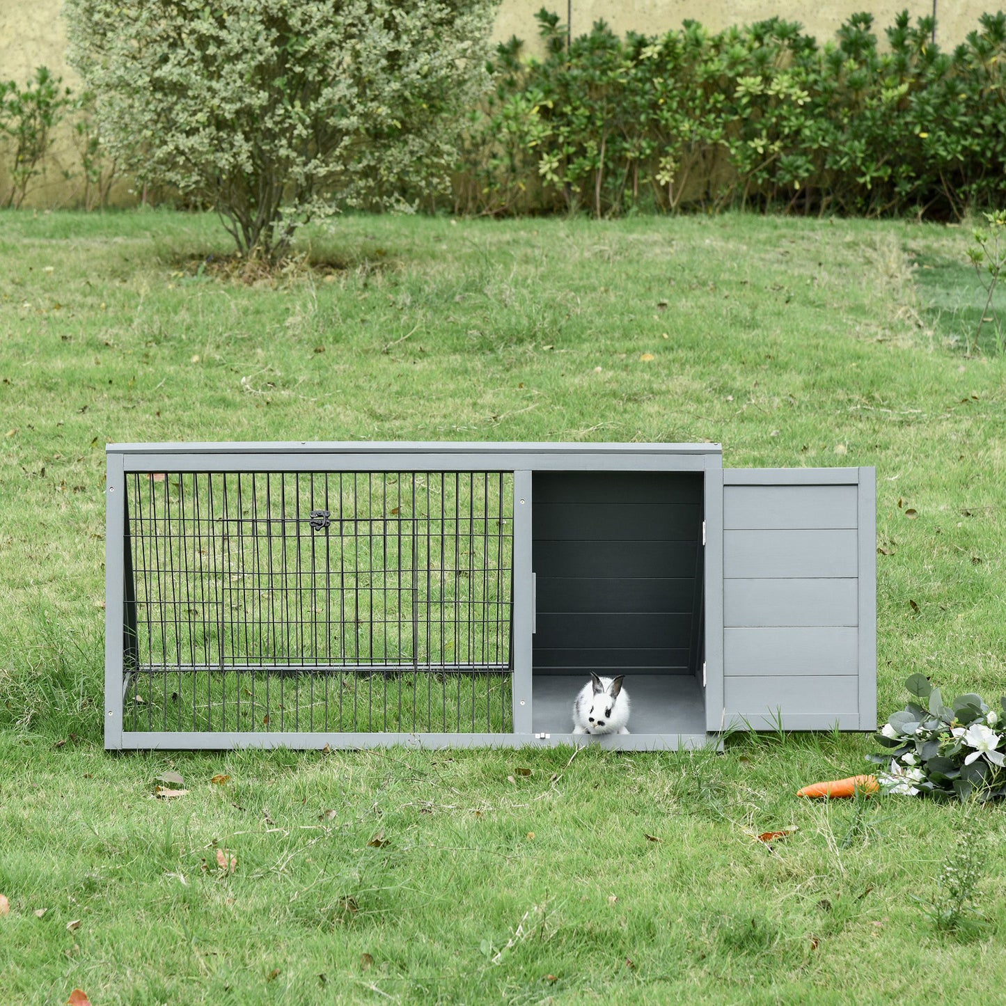 46" X 24" Wooden A-Frame Outdoor Rabbit Hutch, Small Animal Cage, Bunny Hutch With Outside Run & Ventilating Wire, For Rabbits, Chickens, Ducks, Gray