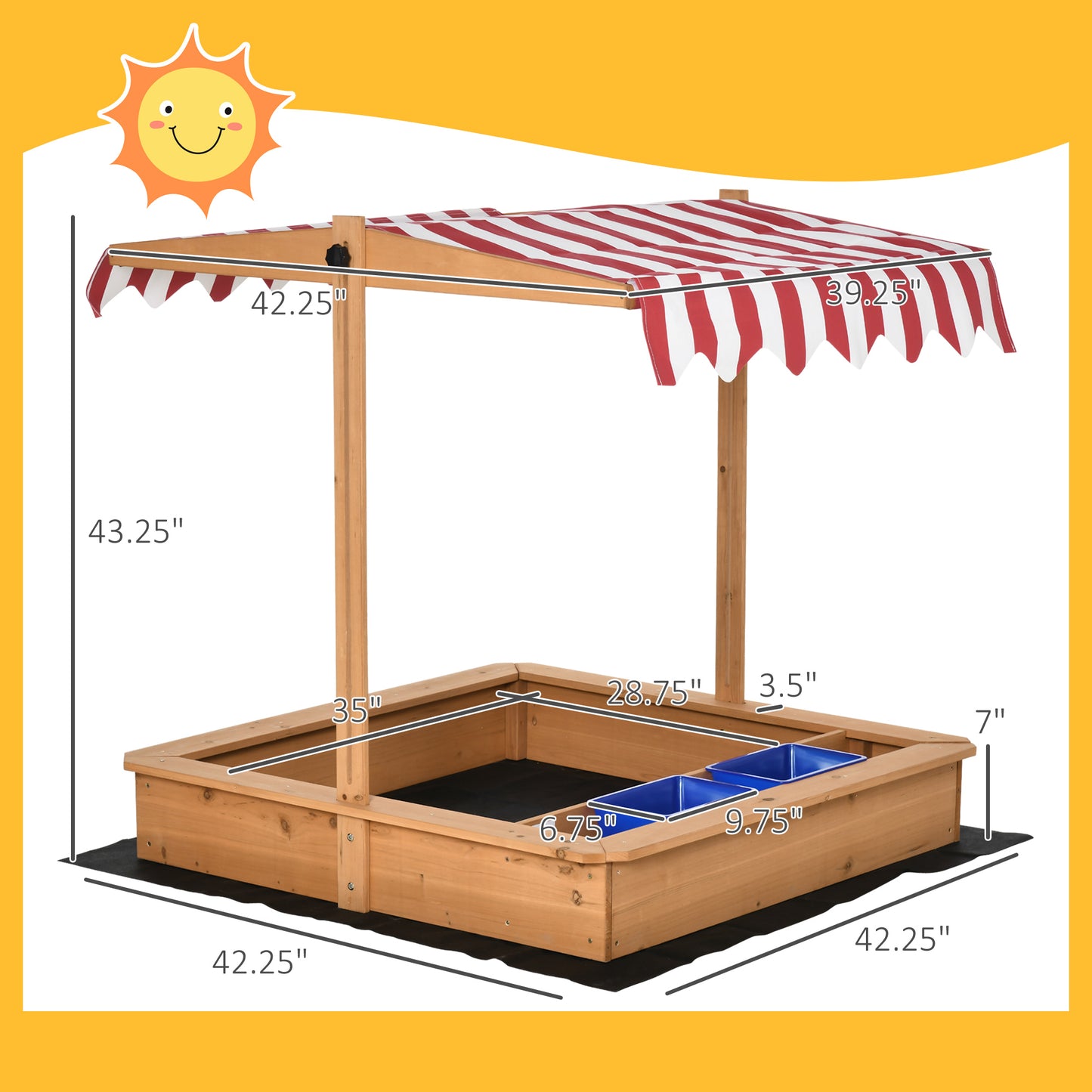 Kids Wooden Sandbox With Adjustable Height Cover And Toy Bin Storage, Children Sand Play Station Outdoor,Bottom Liner, For Backyard, Ages 3-7