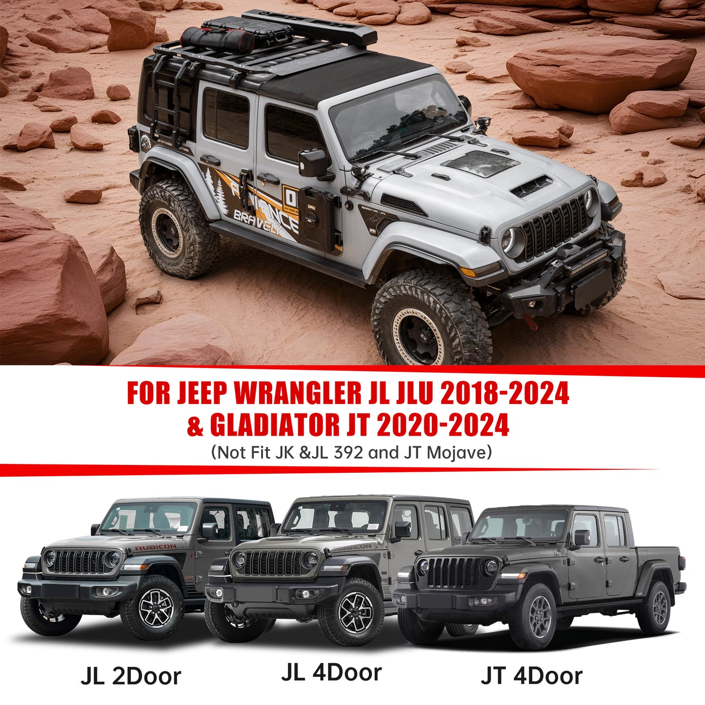 Space-Capsule Style Hood Heat Dispersion Hood Compatible With 2018-2026  Wrangler JL JLU & 2020-2026 Gladiator JT Replacement Hood Not For Mojave&392 Model