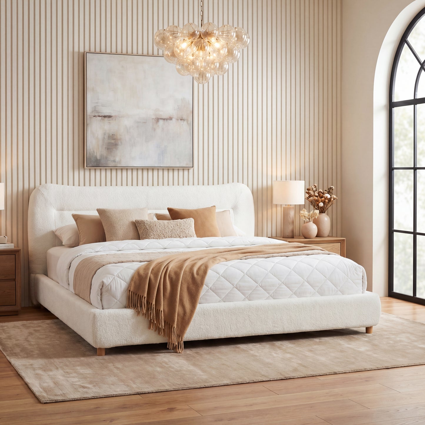 Minimalist Curved Headboard Teddy Bear Plush Bed, Queen, Cream