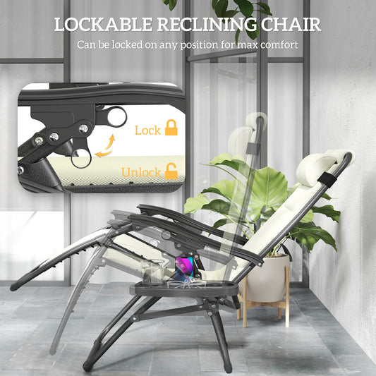 Zero Gravity Lounge Chair Set, 2 Pieces Reclining Folding Outdoor Lounge Chairs With Headrest Side Tray, Cream