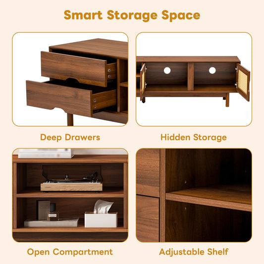 78 Inch TV Stand For TVs Up To 85 Inch, Media Console With 2 Drawers, Solid Wood Legs, Rattan Front Panels, For Living Room, Modern Entertainment Center