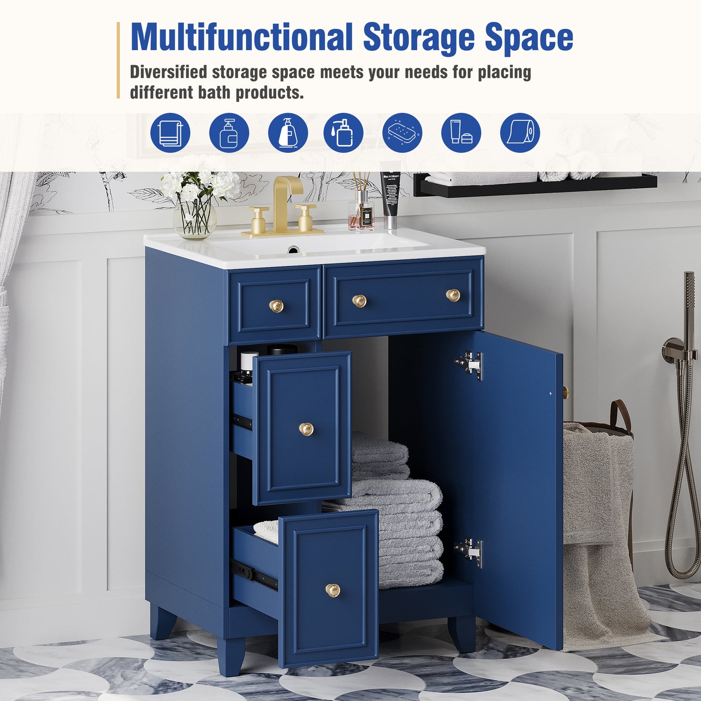 24-Inch Bathroom Vanity Cabinet With Ceramic Sink, 2 Drawers, 1 Door