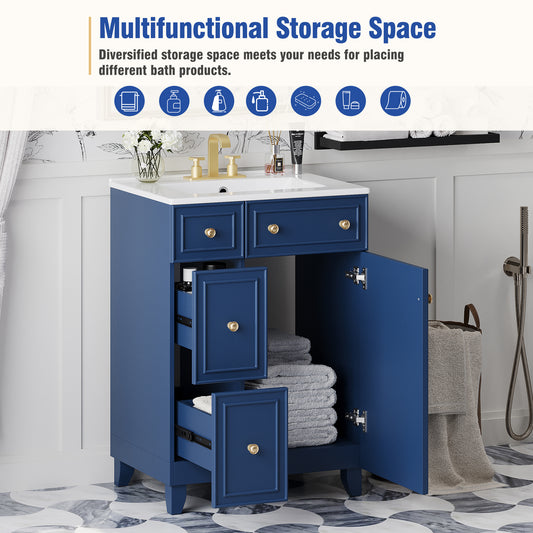 24-Inch Bathroom Vanity Cabinet With Ceramic Sink, 2 Drawers, 1 Door