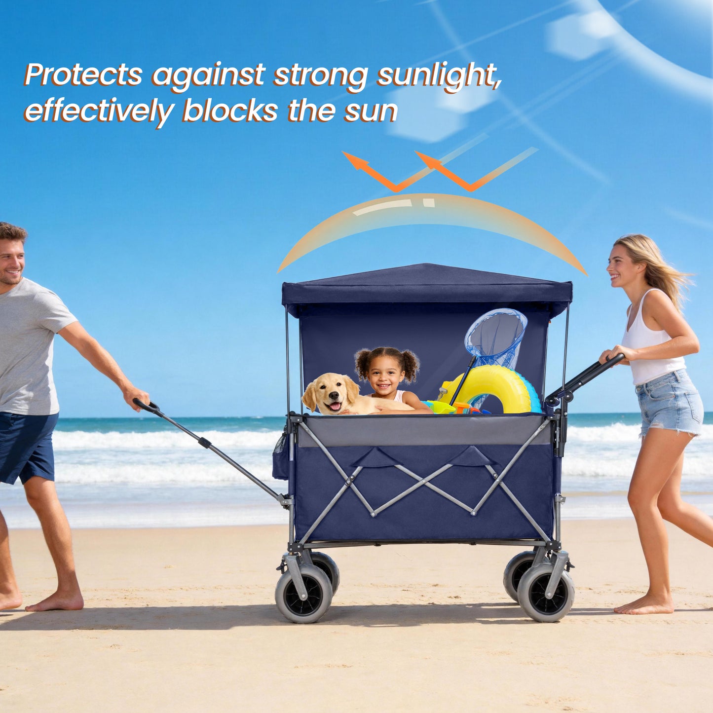Multi- Functional Push- Pull Folding Wagon Cart With Rotating Handle & Canopy  9 X4  Beach Tires For Camping & Beach  Load Capacity 480lbs  300L Large Capacity For Transport  Groceries  Outdoor Use