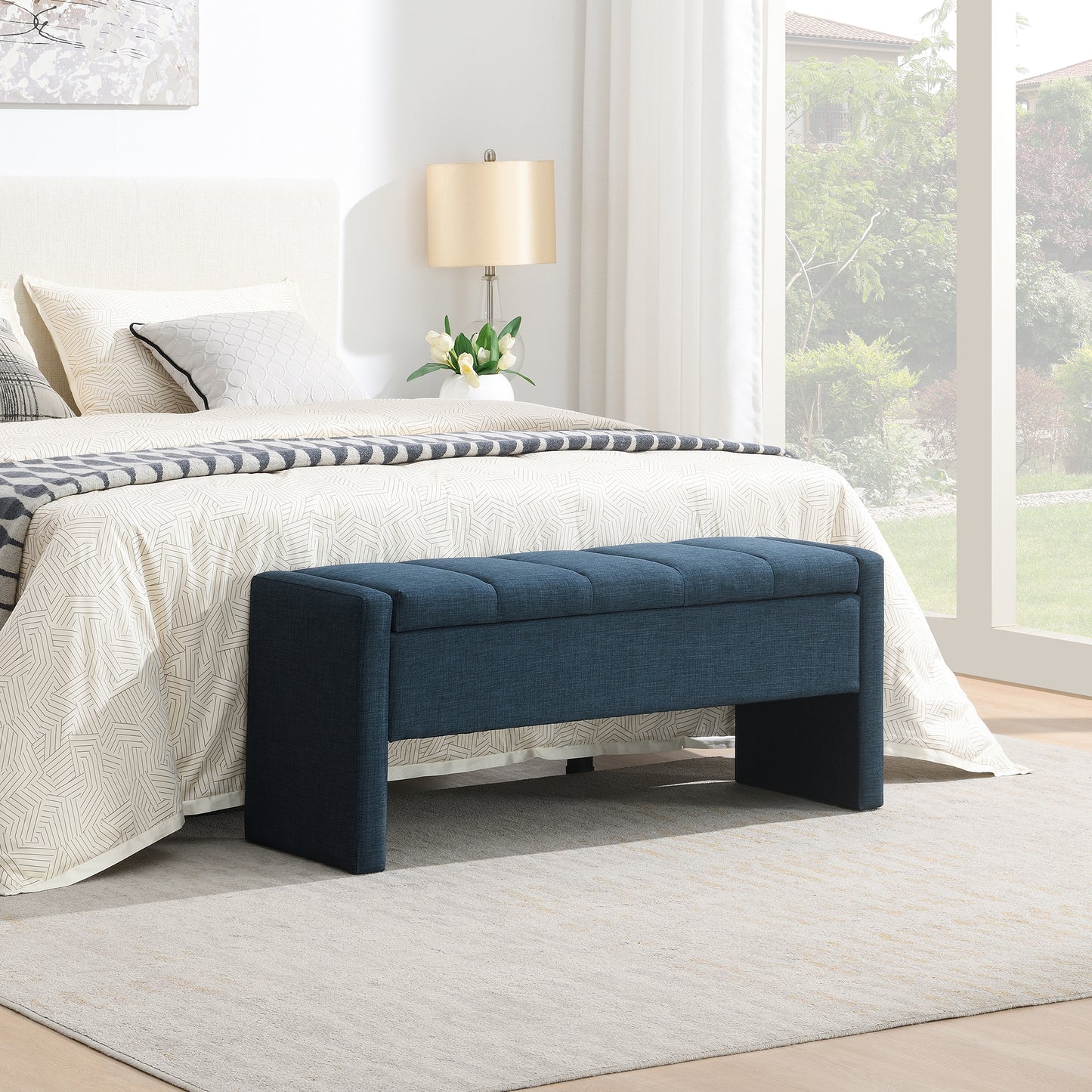 Modern Bed End Bench With Storage,Upholstered Large Foot Rest Stool, Comfy Window Vanity Bench For Living Room,Bedroom,Dorm,Coffee Table,Linen Navy Blue