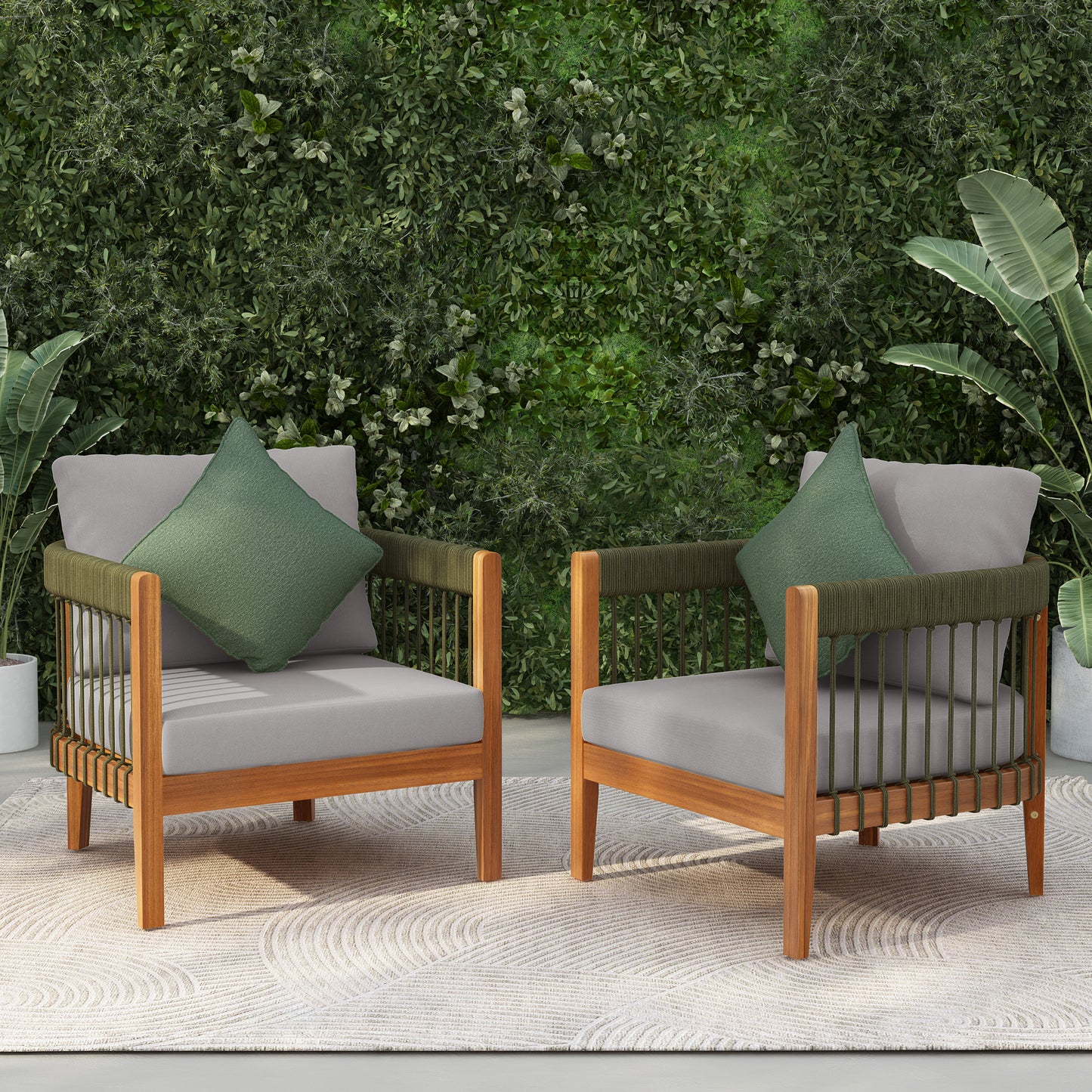 Acacia Wood Outdoor Club Chair With Handwoven Rope Accents & Curved Backrest - Water-Resistant Boho Patio Lounge Chair With Removable Cushions For Porch, Garden
