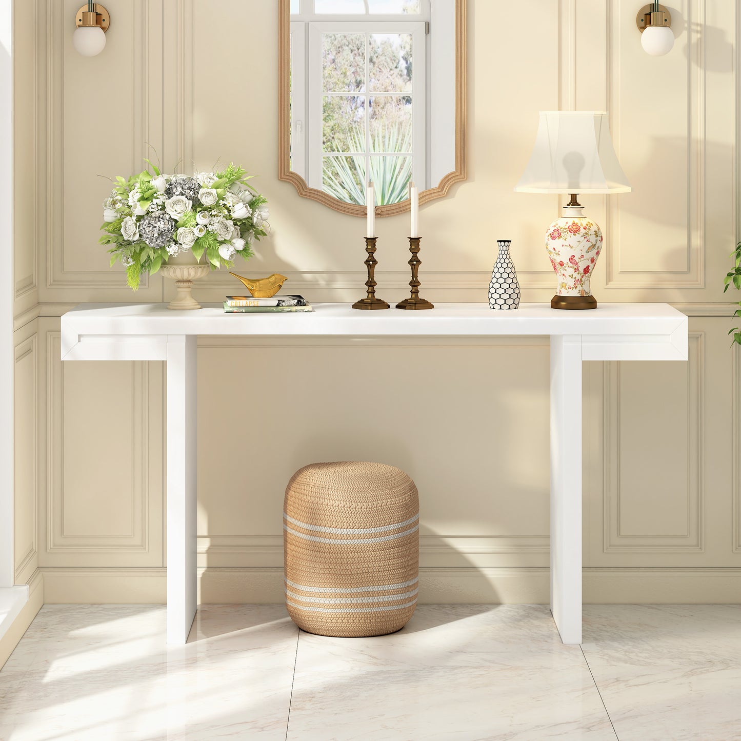 U- Style Large 60- Inch Console Table With Geometric Clean Lines Design Stylish Entryway Table With Painted Finish And Adjustable Feet Suitable For Living Room Entryway Hallway.