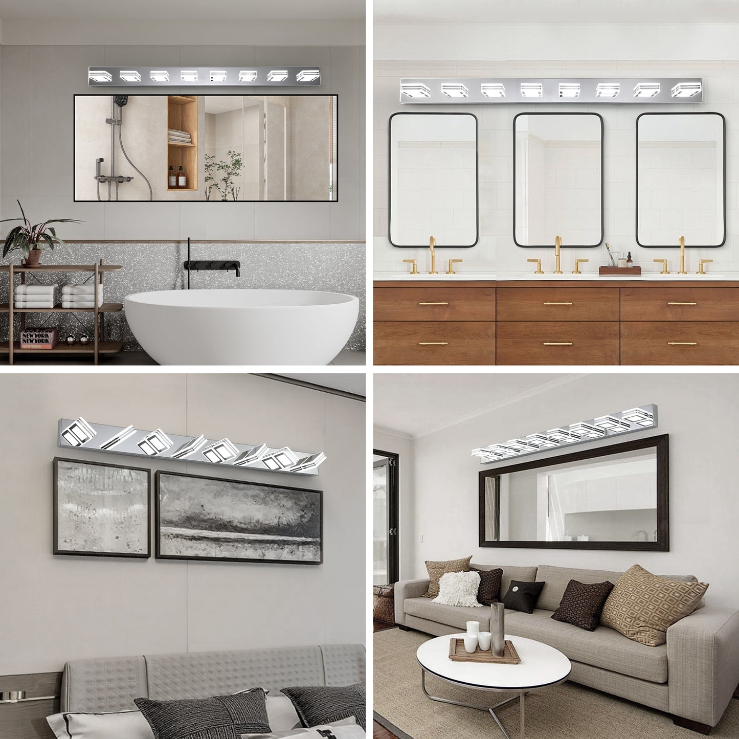 52  Modern Chrome 8-Light LED Vanity Light, Square Acrylic Lampshades Wall Mount Fixture For Bathroom, Mirror Lighting