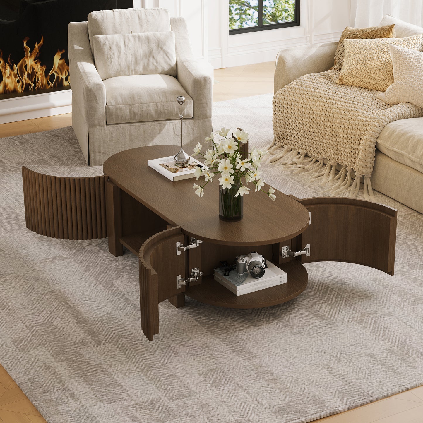 Oval Fluted Coffee Table With Storage For Living Room, Rubber Solid Wood, 1 Shelf & 2 Open Storage Doors, Walnut, 47