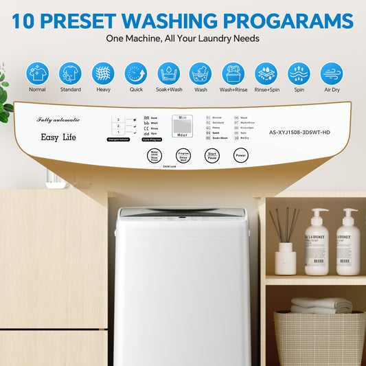 Portable Washing Machine, 7.7 Pounds, Fully Automatic Compact Model, Stainless Steel Tub, 10 Washing Modes, LED Display Screen