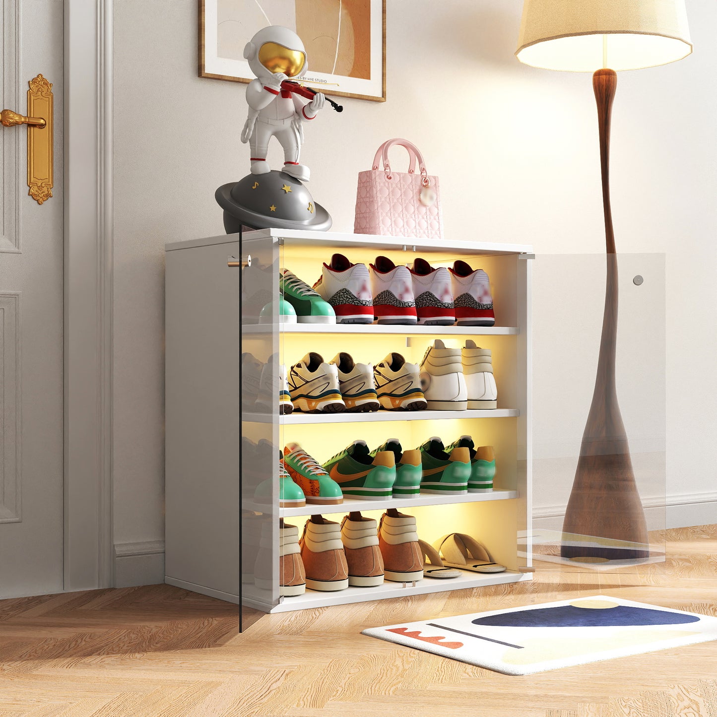 Shoe Box With RGB LED Light, Wooden Stackable Shoe Storage Box With Glass Door, Shoe Storage Bin Shoe Display Case For Sneakers 4 Tier-1