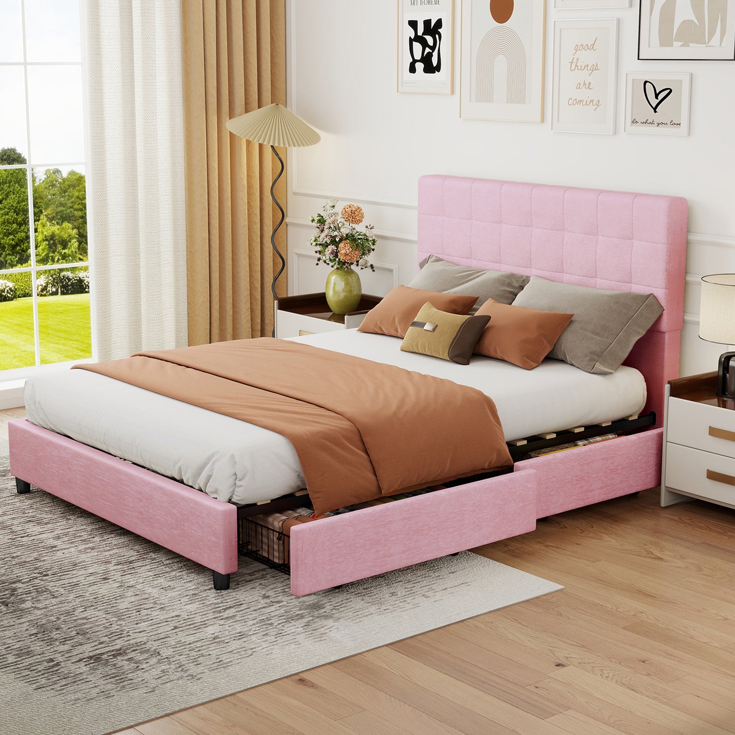 Full Bed Frame Upholstered Vertical Channel Headboard Bed Frame With 4 Storage Drawers Wood Slats No Box Spring Needed Easy Assembly For Bedroom