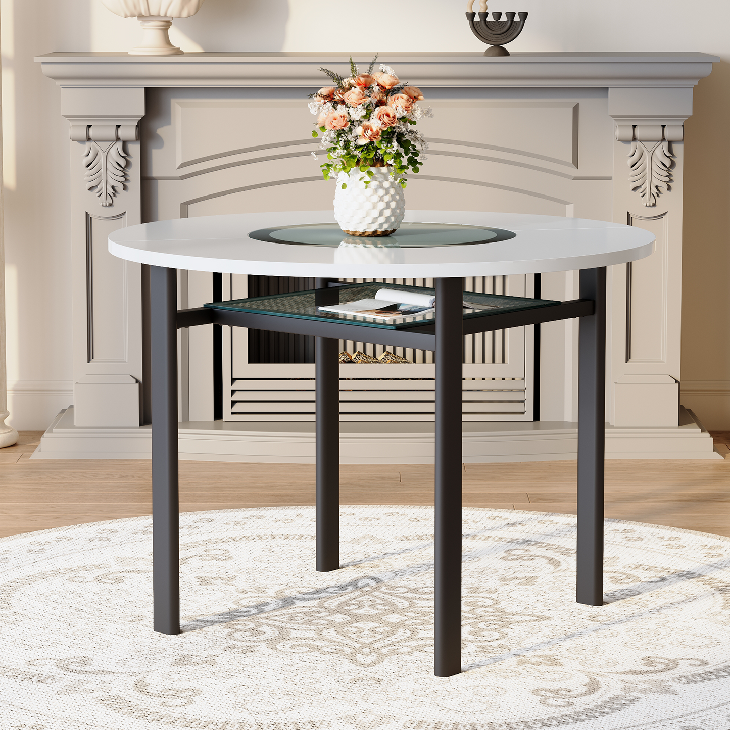 42 Inch Modern Minimalist White Desktop Round Dining Table Suitable For 4-6 People   Gray Glass Inlay  Metal Stable Bracket, Suitable For Multiple Scenarios  .