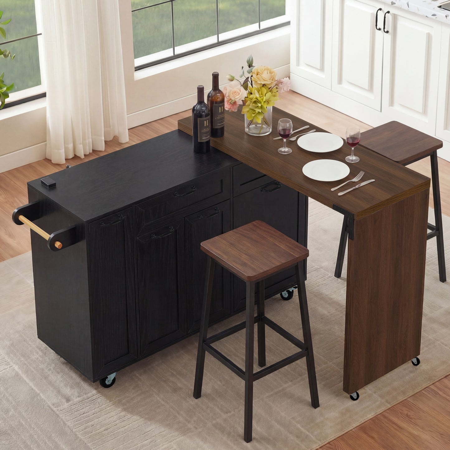 K&K 102.3  Kitchen Island With Extendable Dining Table, Kitchen Rolling Island Cart With Trash Storage Cabinet, 3 Tier Pull Out Spice Rack, Mobile Island Table On Wheels For Kitchen, Dining Room,Black