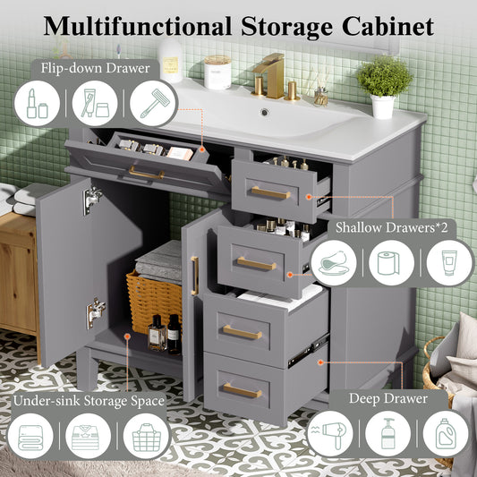 36  Gray Modern Bathroom Vanity With Ceramic Sink, Soft-Close Door, And 4 Storage Drawers ,offering A Refined Look With Practical Everyday Functionality. Old SKU N729P253935E