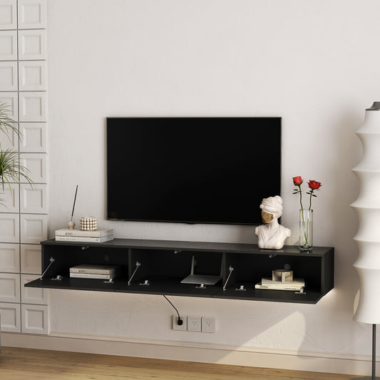 Floating TV Stand Wall Mounted With 16 Color LEDs,67  Modern TV Stand, Floating TV Cabinet Entertainment Center For 55 60 65 Inch TV,Black