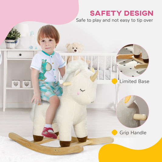 Kids Rocking Horse, Ride On Unicorn With Realistic Sounds & Wooden Base For Years 2-4, White