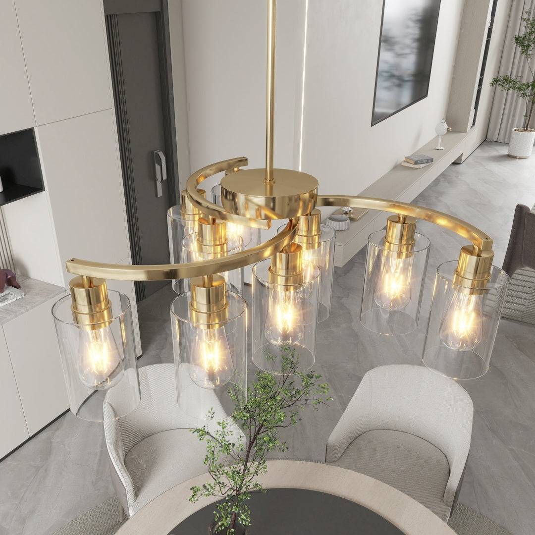 9-Light Gold Glass Chandelier, Adjustable Height Dining Room Light Fixtures Over Table, Contemporary Hanging Chandelier For Kitchen Island Living Room Foyer Office, Clear Glass Shade