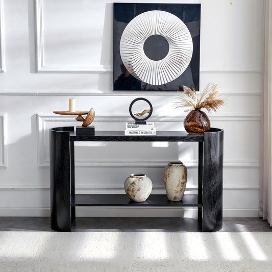 Double-layer Black Curved Foyer Table - Black Wood Grain Minimalist Entrance Small Space Living Room Sofa Side Table