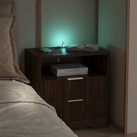Nightstand With Charging Station, Smart Nightstand With Night Light,Bedside Tables With Storage Cabinet For Bedroom, Wood