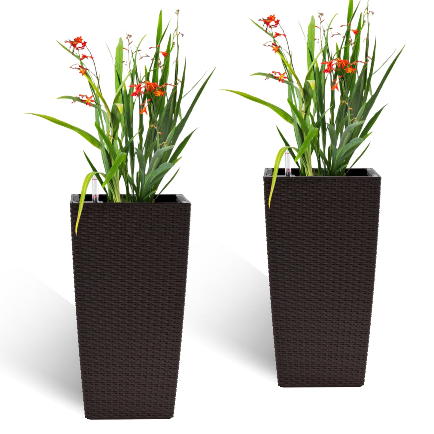 Pack Of 2 Square Planter 22-Inch High Faux Rattan Design Flower Pot With Automatic Watering System For Porch Patio  Makes Keeping Flowers Brown Color Planter