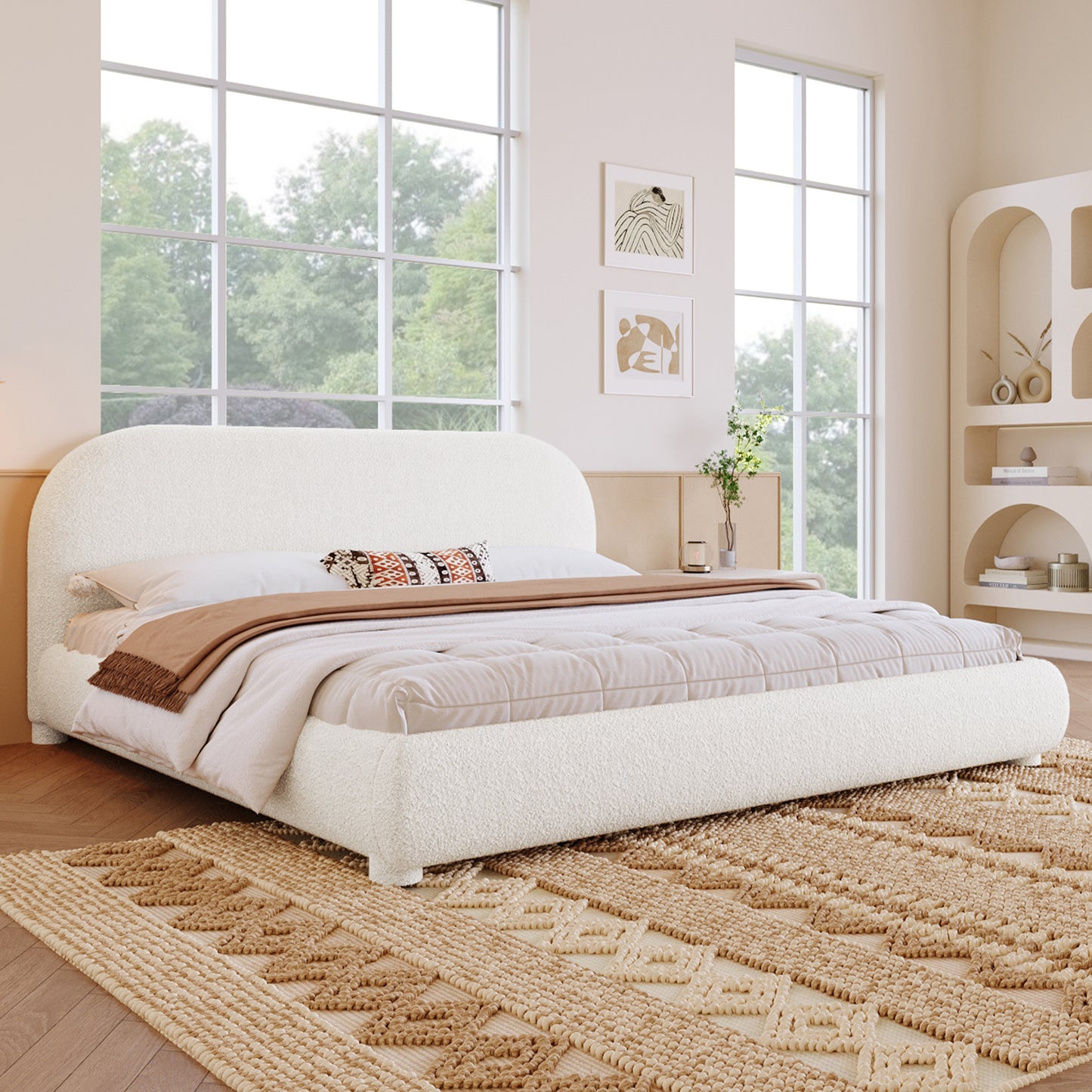 Cream Style Fabric Upholstered Bed, Simple Modern Bedroom Double Bed,King
