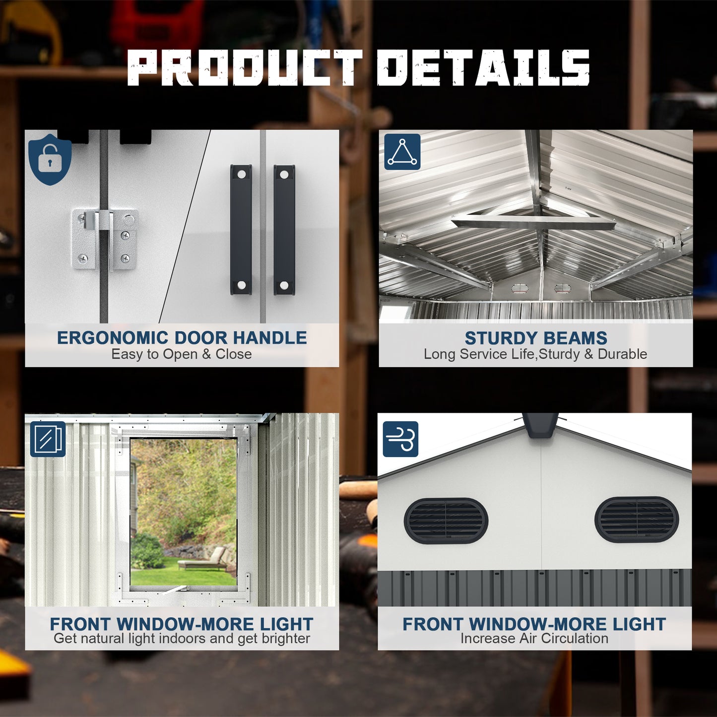 8x12 Ft Metal Outdoor Storage Shed With Window, Floor Base, Air Vents And Double Hinged Door