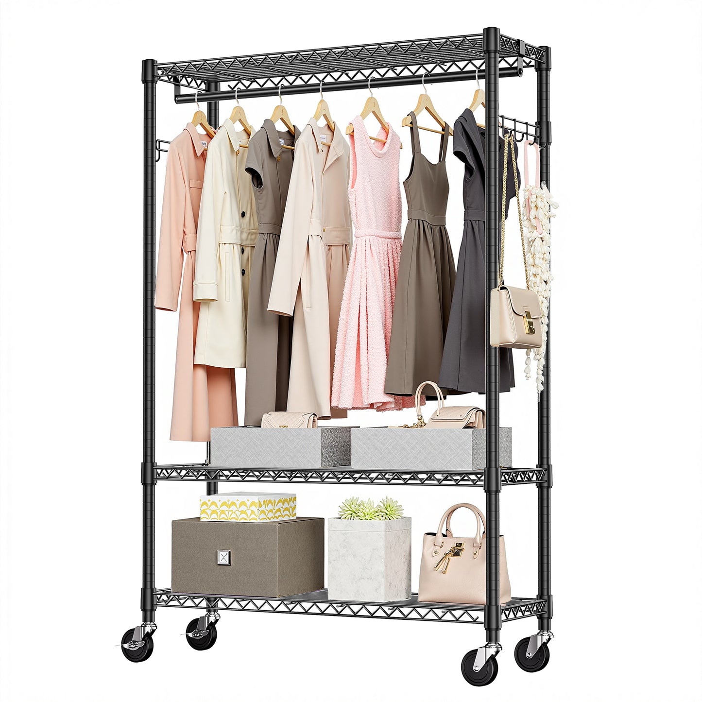 Heavy Duty Rolling Garment Rack 3 Tiers Adjustable Wire Shelving Clothes Rack With 1 Rods And Side Hooks,Storage Closet Clothing Rack With Wheels Black 15.7  D X 45.3  W X 75.6  H, Black