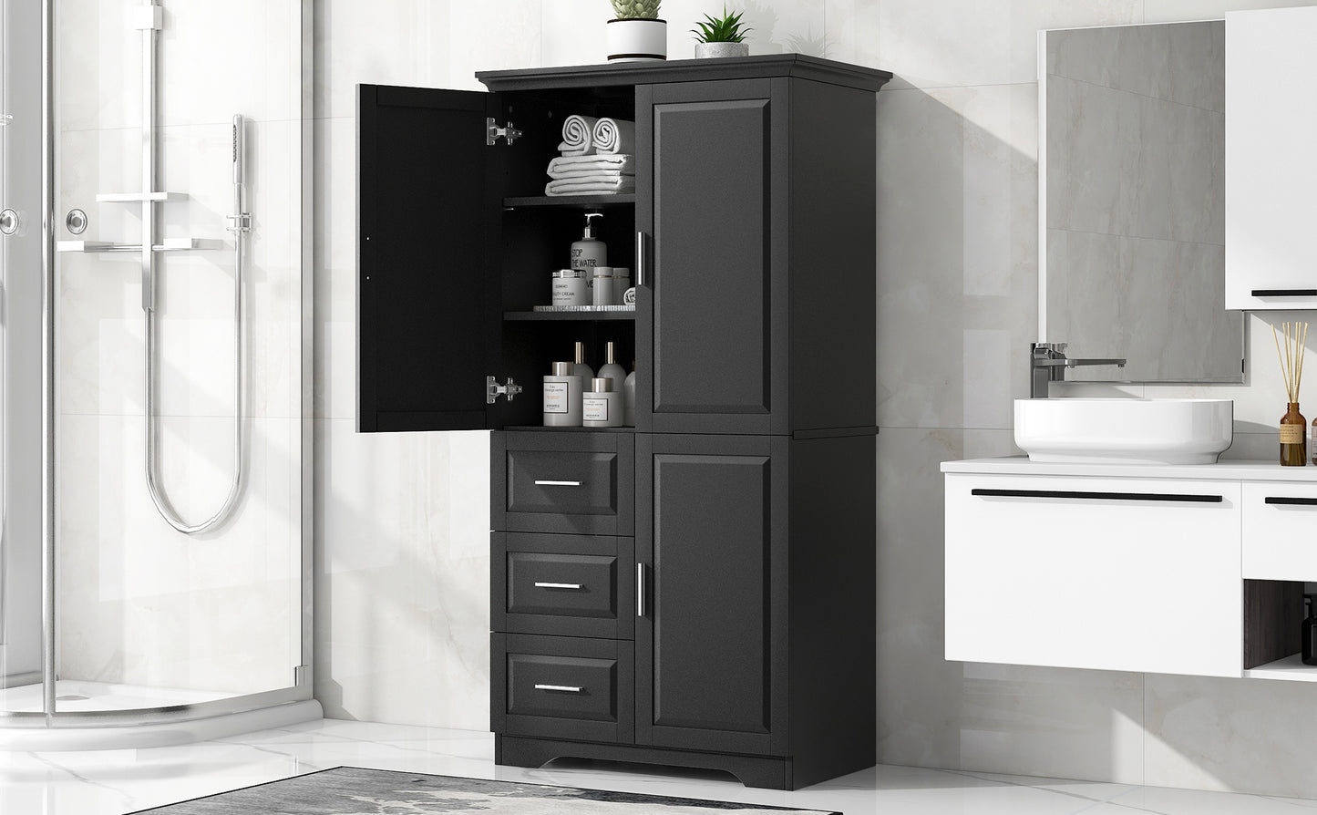 Tall And Wide Storage Cabinet With Doors For Bathroom Office, Three Drawers, Black Old SKU WF299285AAB