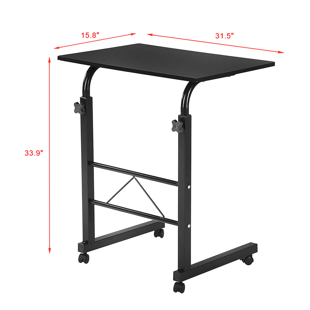 60cm Adjustable Tray Table Rolling Sofa Side Snack Table With Wheels Portable C-Shape Dinner Tray Tables Mobile Wooden Laptop Desk Beside Couch Bed