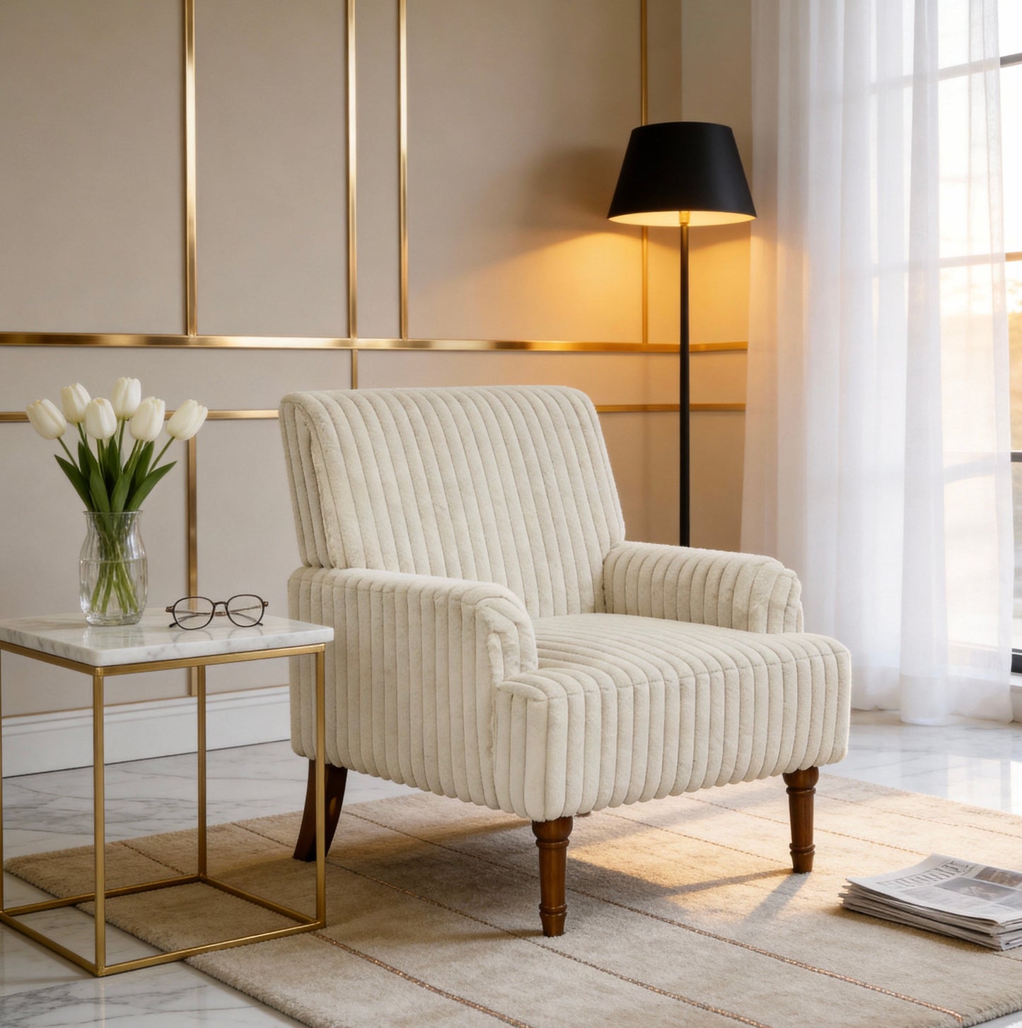 Modern Accent Chair With 2 Wide Wale Corduroy, 9 Solid Wood Legs, Comfortable Upholstered Armchair In Beige For Living Room