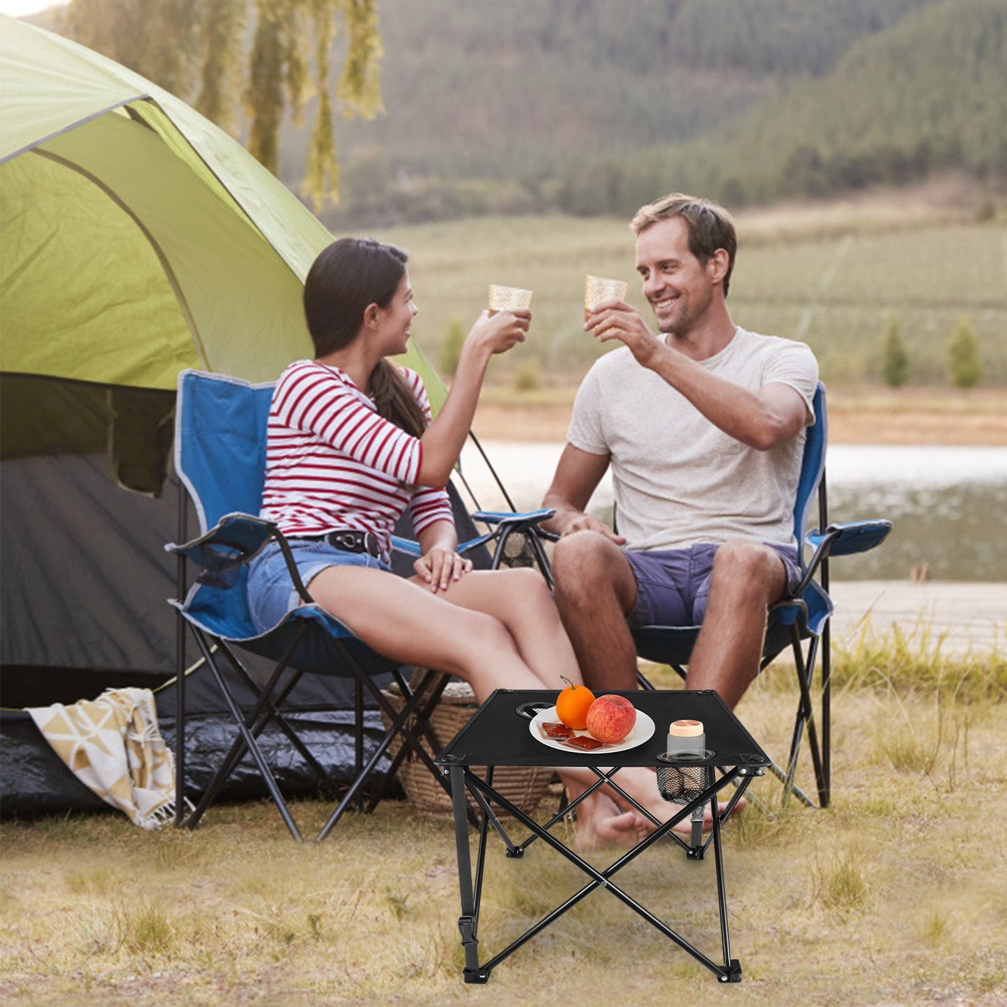 1Pc 2Pc Options Foldable Camping Table Portable Picnic Table Lightweight Travel Desk With 2 Cup Holders Carrying Bag Color Options Black Orange Green Red Blue Navy Blue