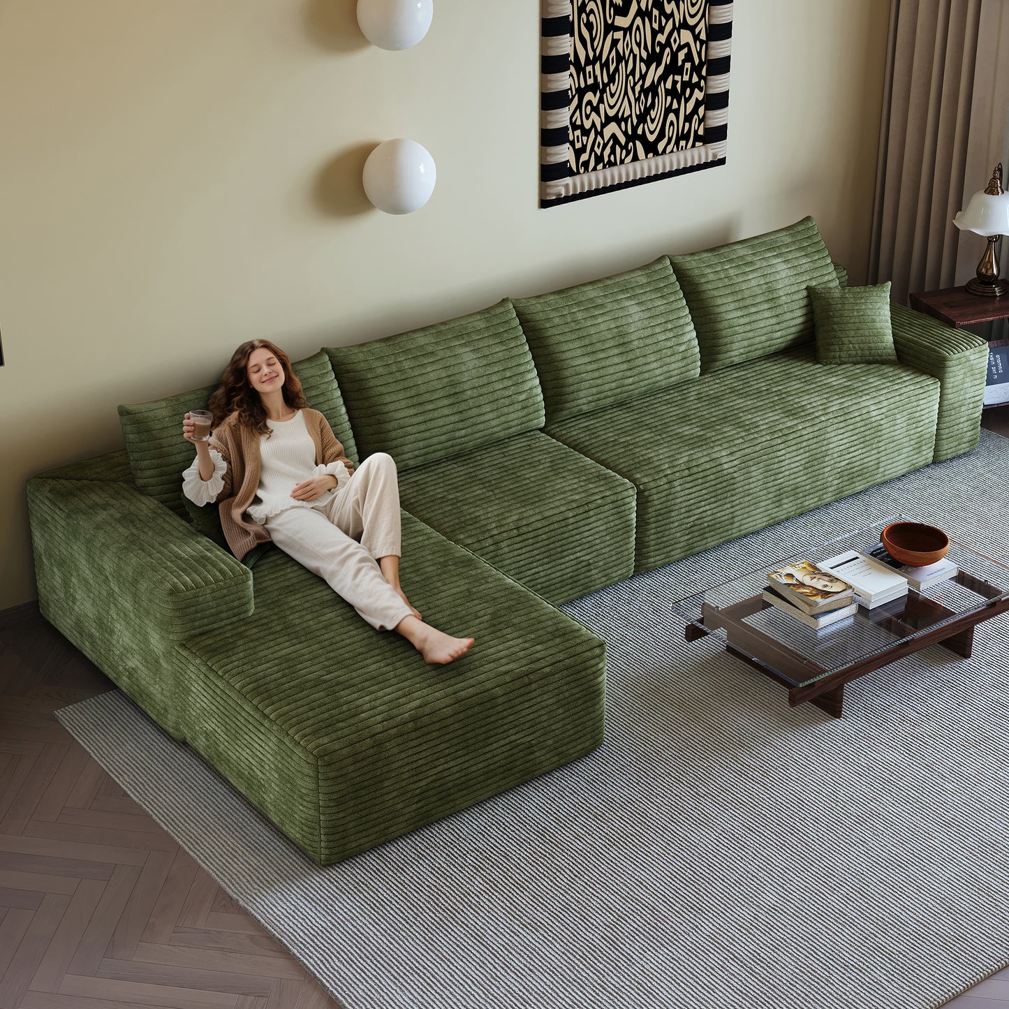 135  Cloud Sectional Couch With L-Shape Chaise,Modern Modular Sofa With Deep Seat, Upholstered Couches For Living Room Bedroom,No Assembly Required,  Plush Corduroy Fabric ,Green