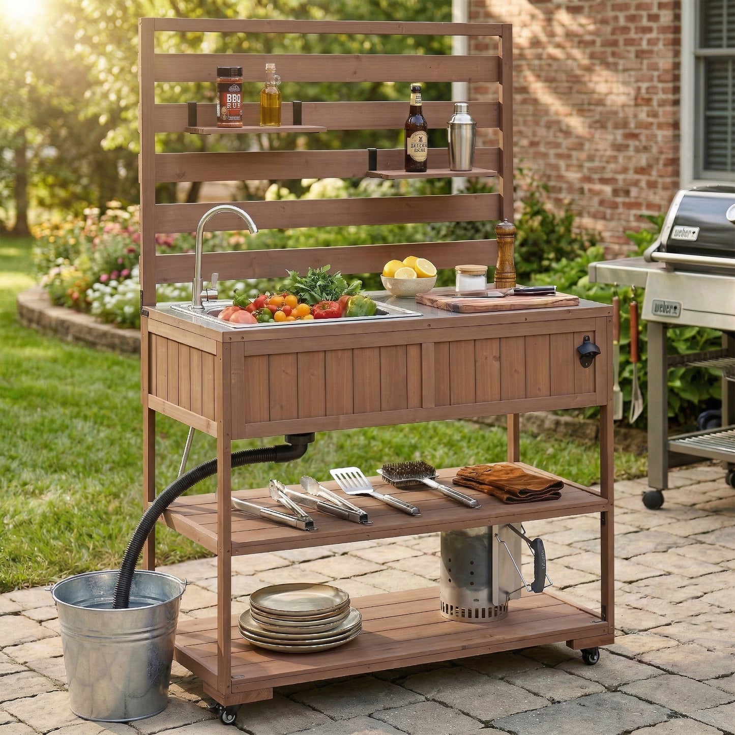 With Assembly Video  TOPMAx 41.7  Large Patio Rolling Kitchen Island Solid Wood Kitchen Cart With Sink  Garden Potting Bench With Stainless Table Top  2 Movable Shelves And 1 Bottle Opener Brown