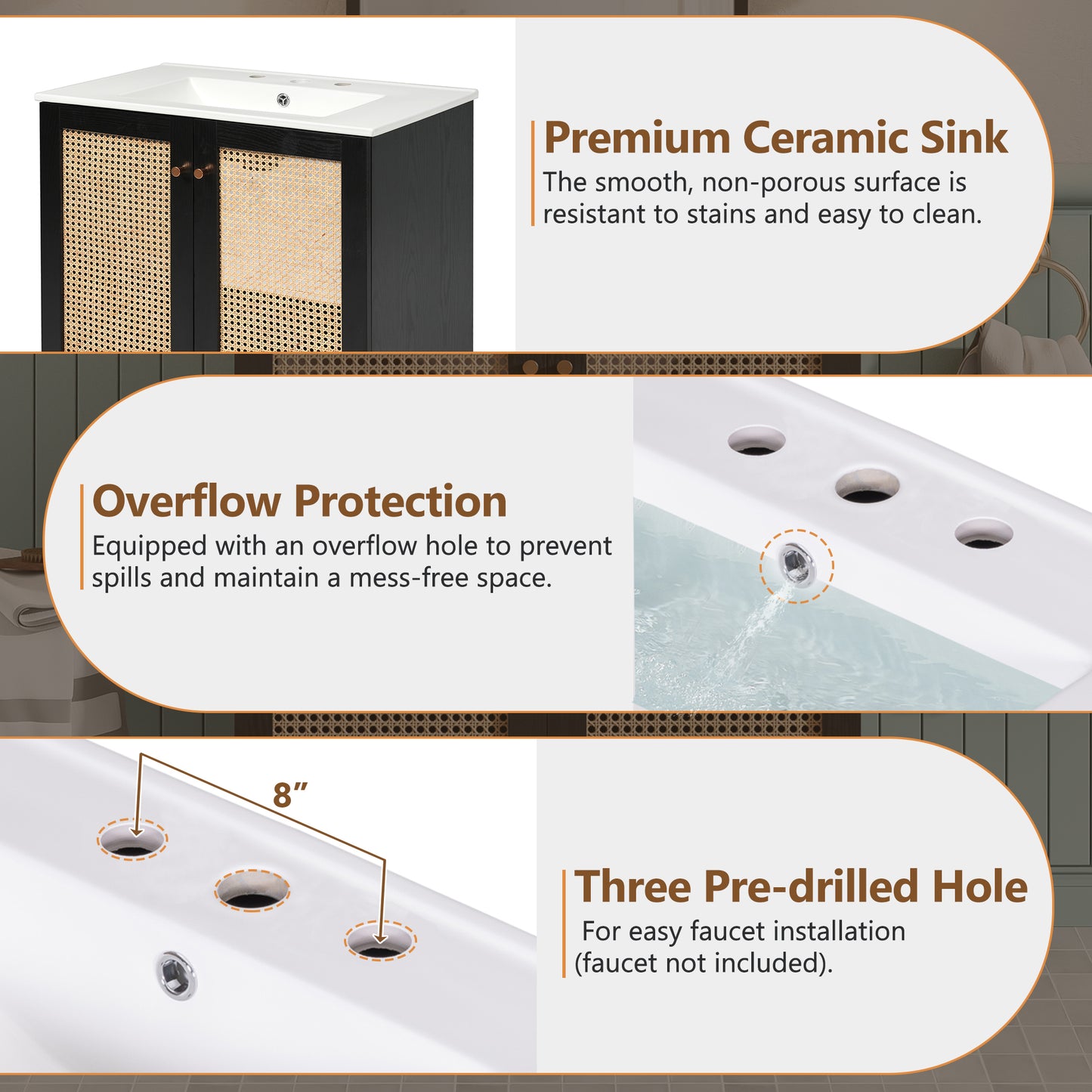 30-inch Bathroom Vanity Crafted From Natural Materials, Featuring Handmade Rattan Doors And Soft-closing Mechanisms