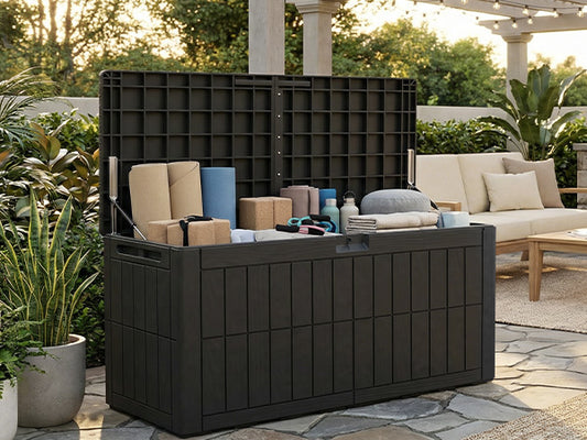 1 0 0 Gallon Outdoor Storage Box Water Proof Resin Deck Box Lockable Storage Bin For Cushion Patio Furniture Pool Accessories Garden Tools Black