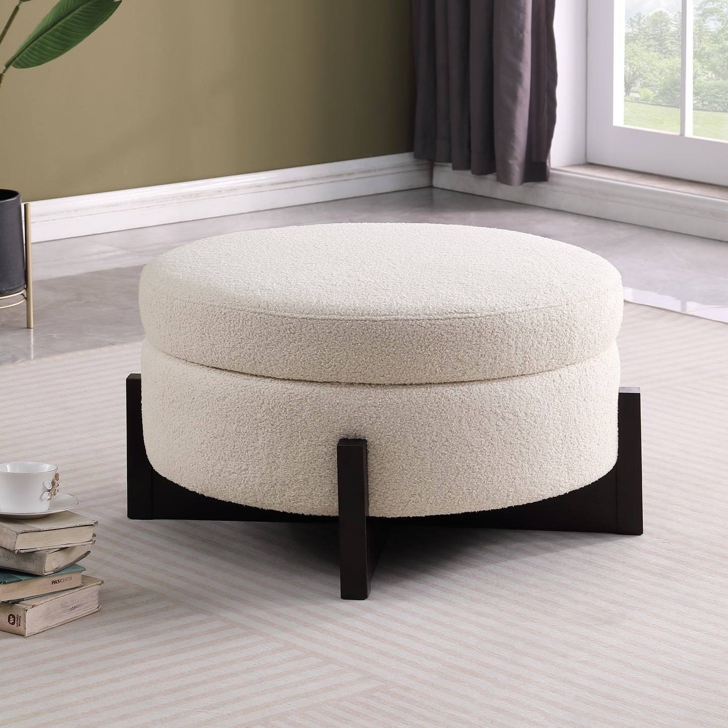 Stylish Round Ottoman With Storage Inside, Oak Fold-out Legs, Beige.